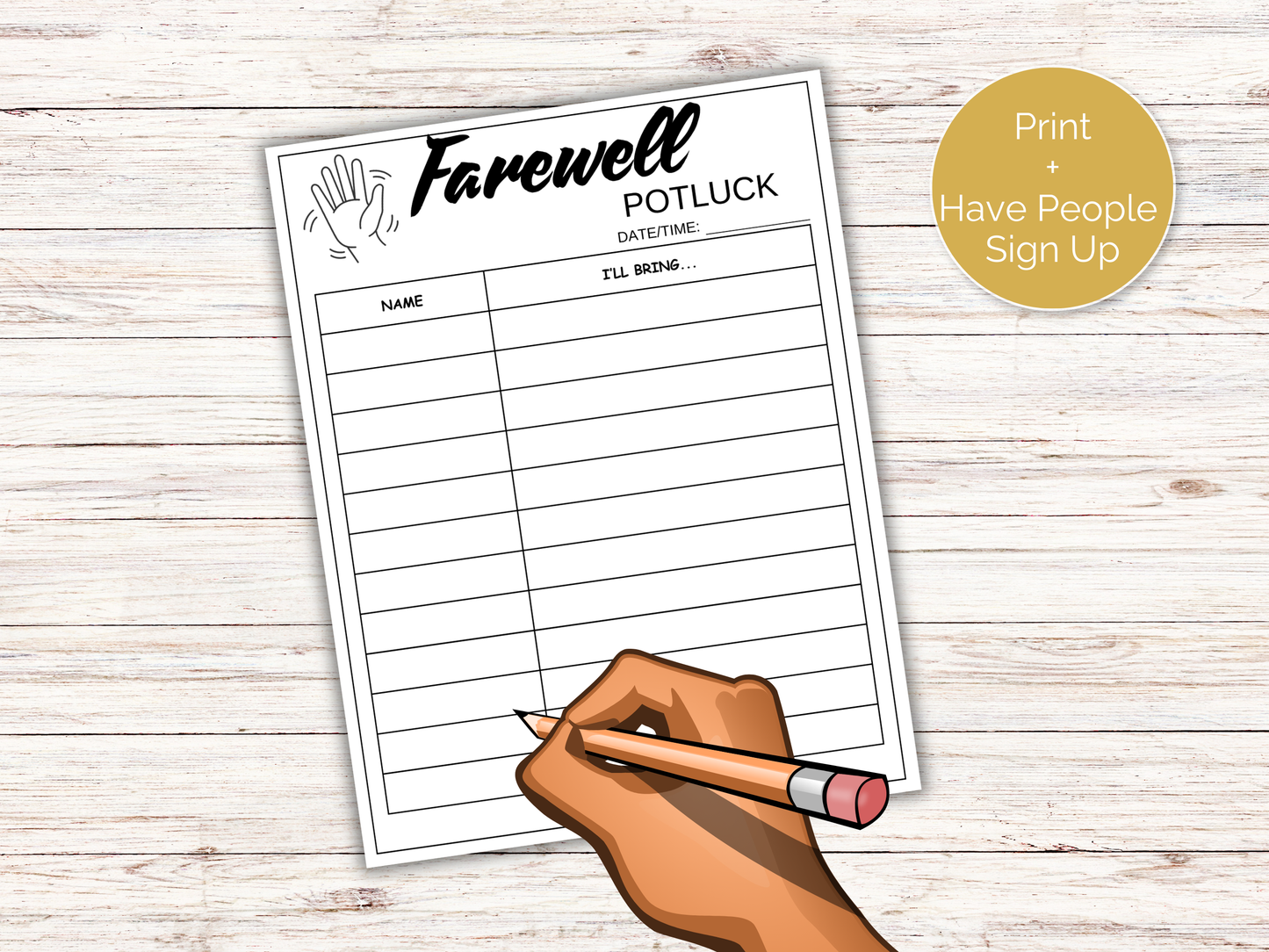 Farewell Potluck Sign Up Sheet