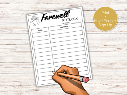 Farewell Potluck Sign Up Sheet