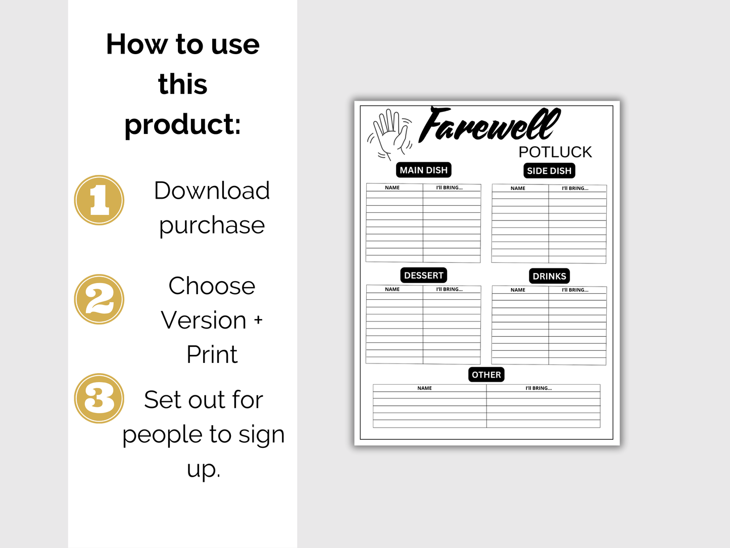 Farewell Potluck Sign Up Sheet