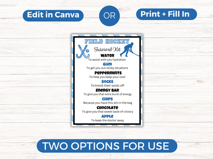 Editable Field Hockey Survival Kit Gift Tag Template