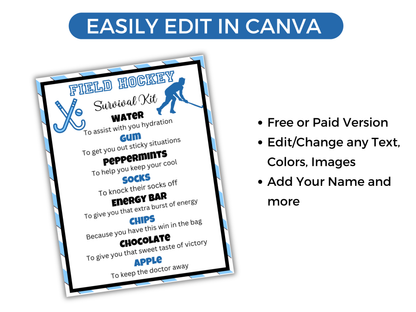 Editable Field Hockey Survival Kit Gift Tag Template