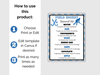 Editable Field Hockey Survival Kit Gift Tag Template