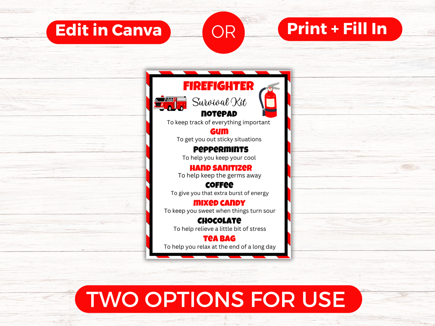 Editable Firefighter Survival Kit Gift Tags