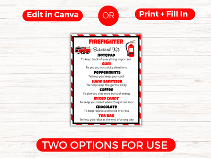 Editable Firefighter Survival Kit Gift Tags