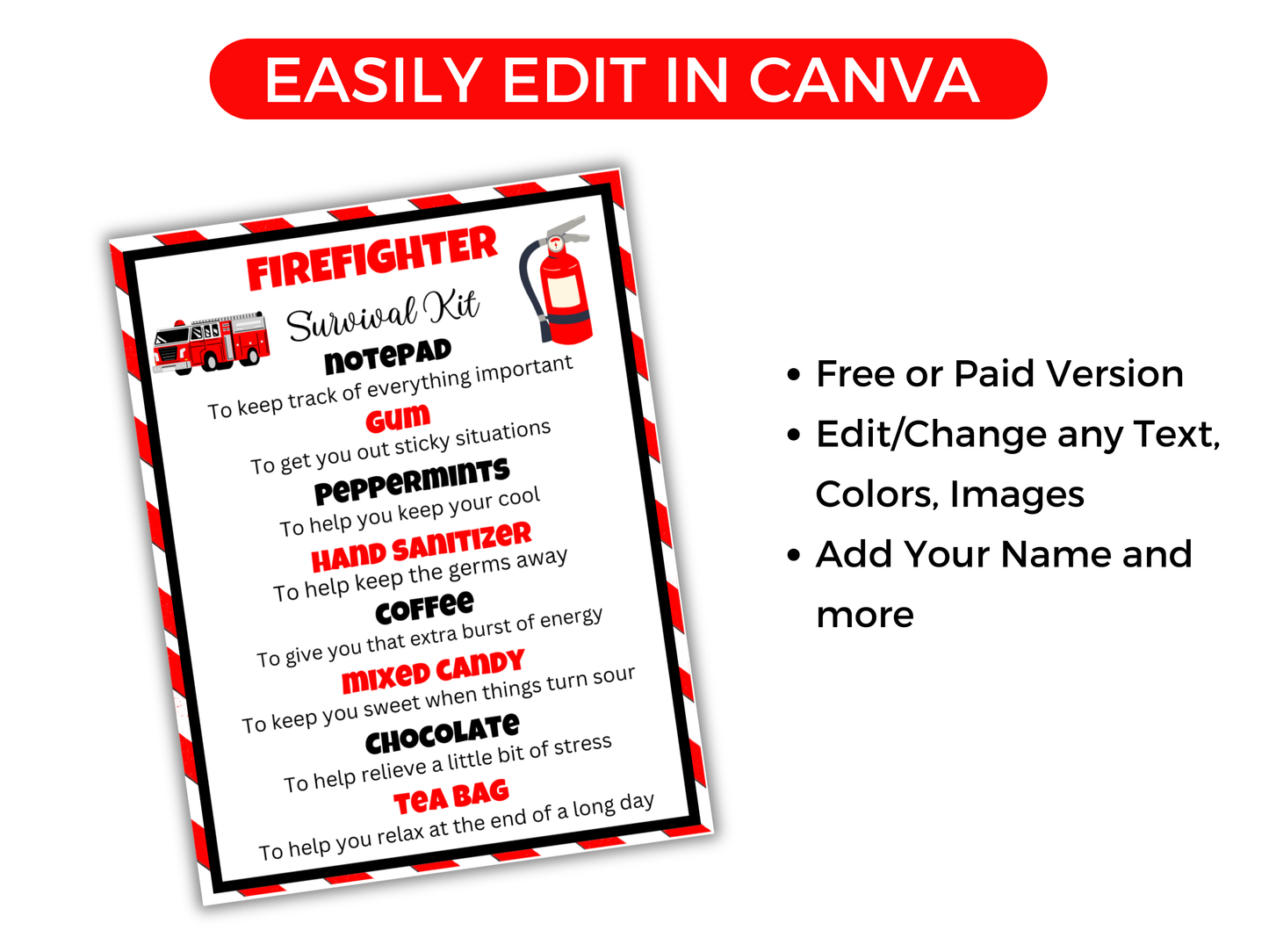 Editable Firefighter Survival Kit Gift Tags