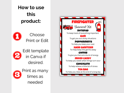 Editable Firefighter Survival Kit Gift Tags