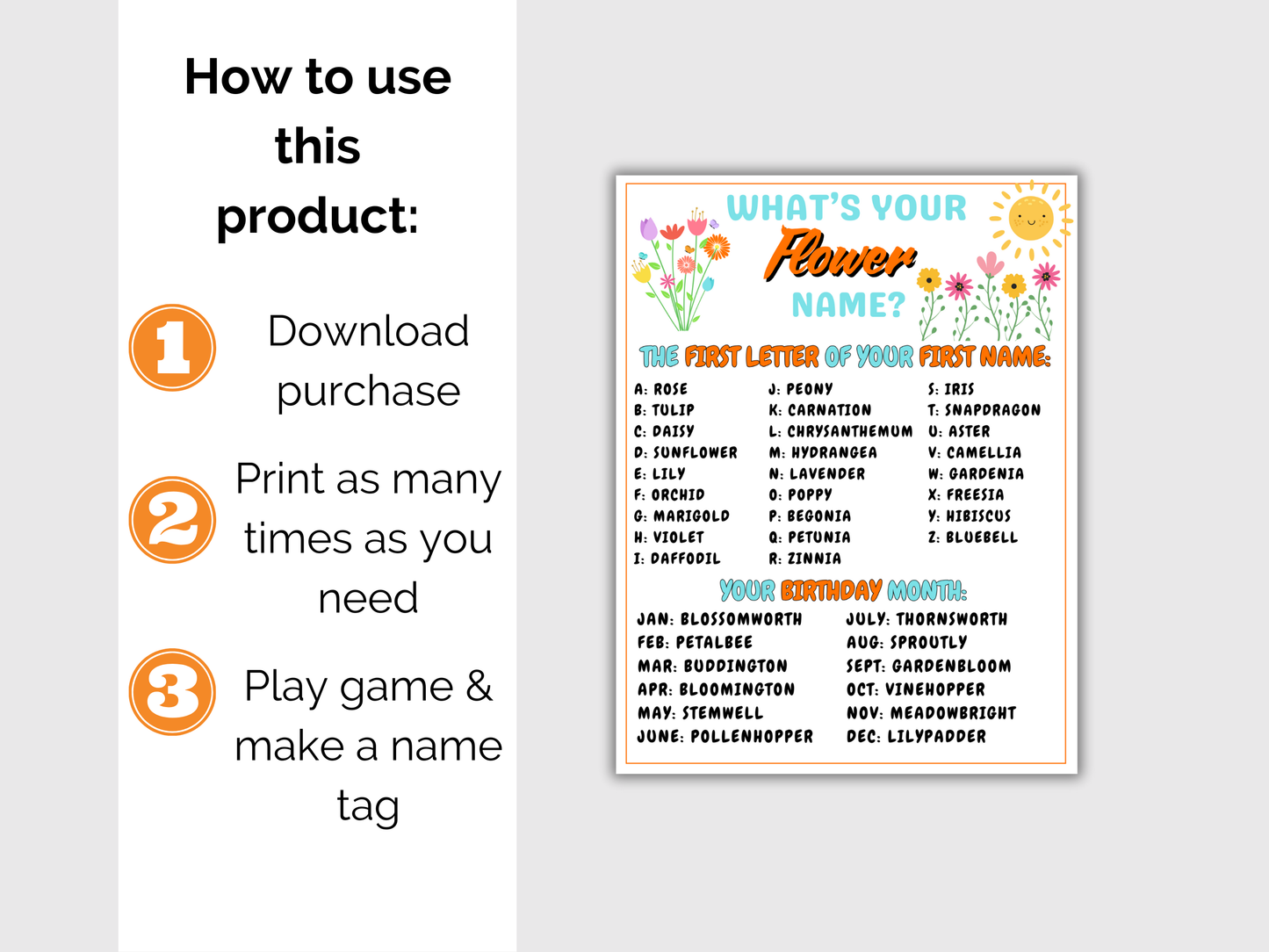 What's Your Flower Name Game + Name Tags