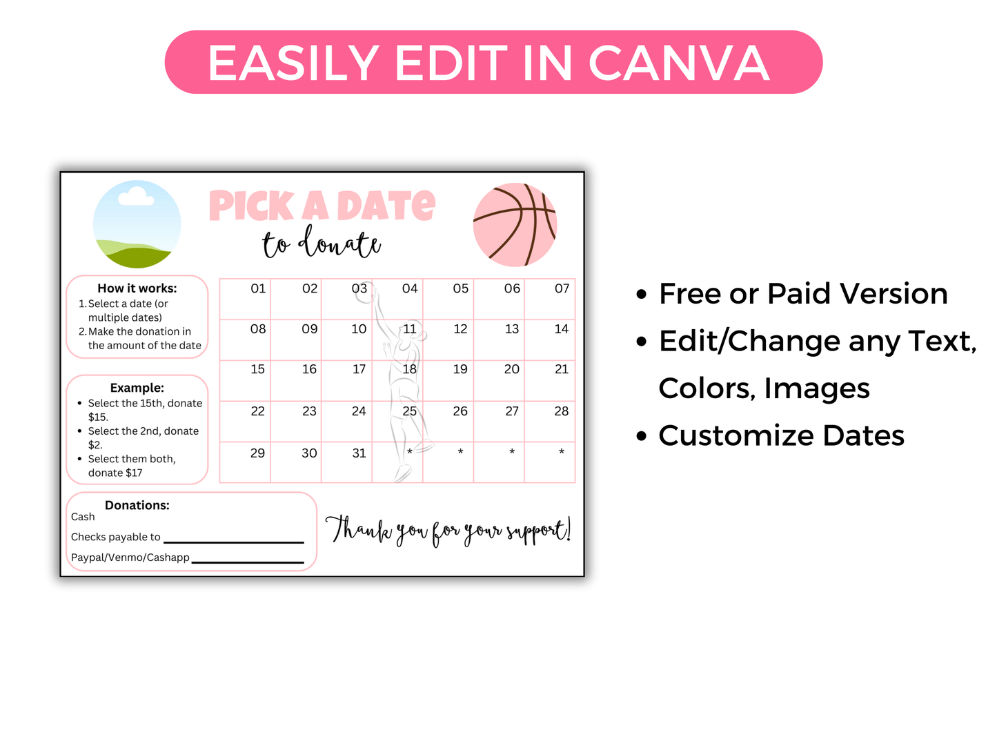 Editable Girls Basketball Pick A Date