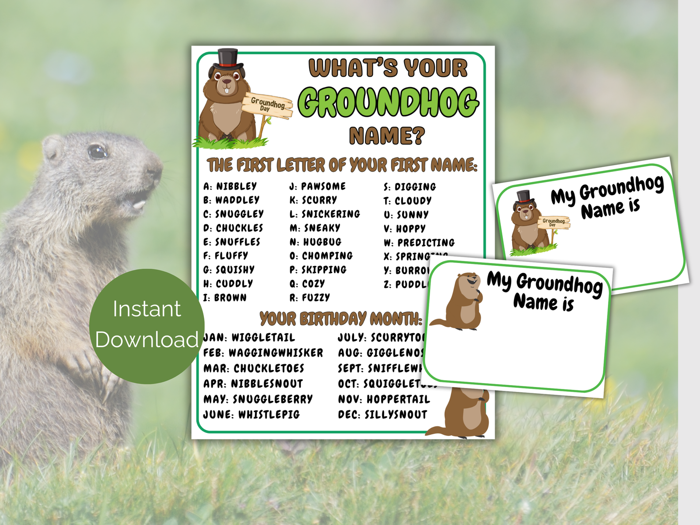 What's Your Groundhog Name Game + Name Tags