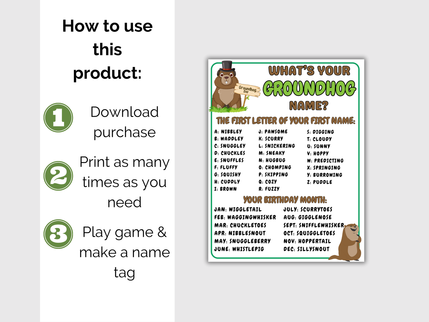 What's Your Groundhog Name Game + Name Tags