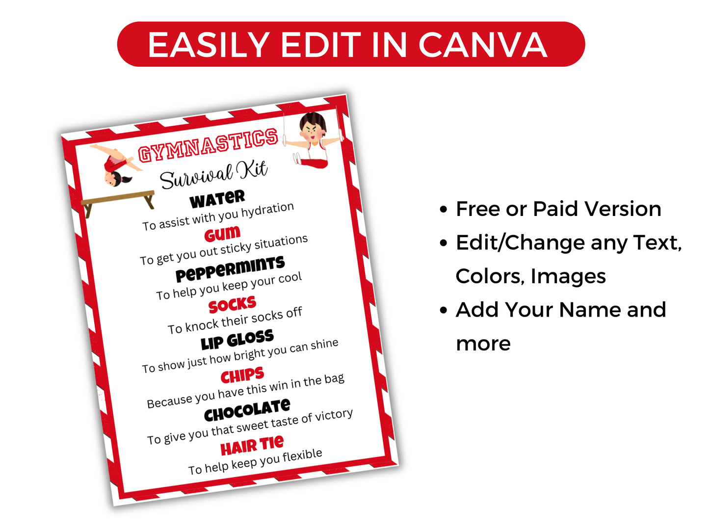 Editable Gymnastics Survival Kit Gift Tag Template