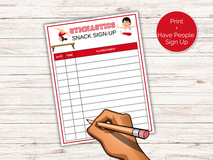Gymnastics Snack Sign Up Sheet