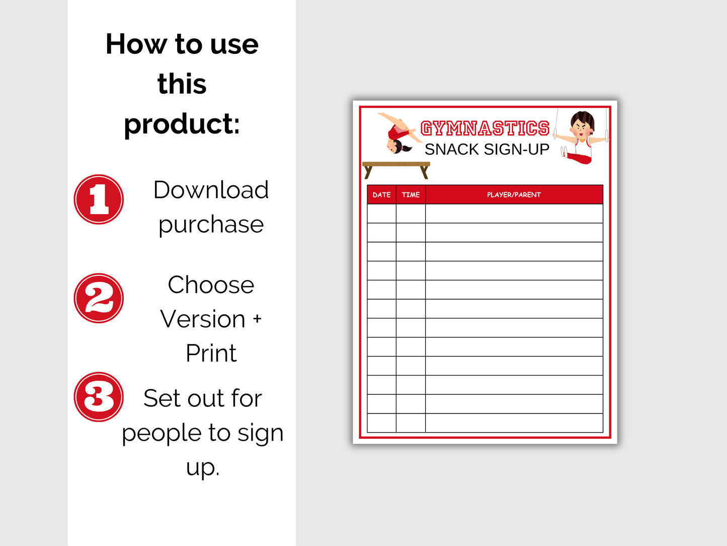Gymnastics Snack Sign Up Sheet