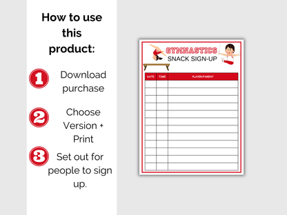 Gymnastics Snack Sign Up Sheet