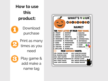What's Your Halloween Name Game + Name Tags