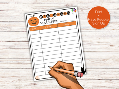 Halloween Party Volunteer Sign Up Sheet