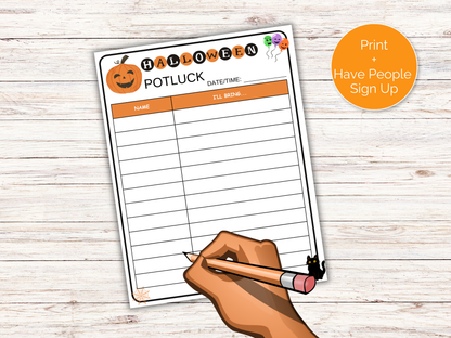 Halloween Potluck Sign Up Sheet