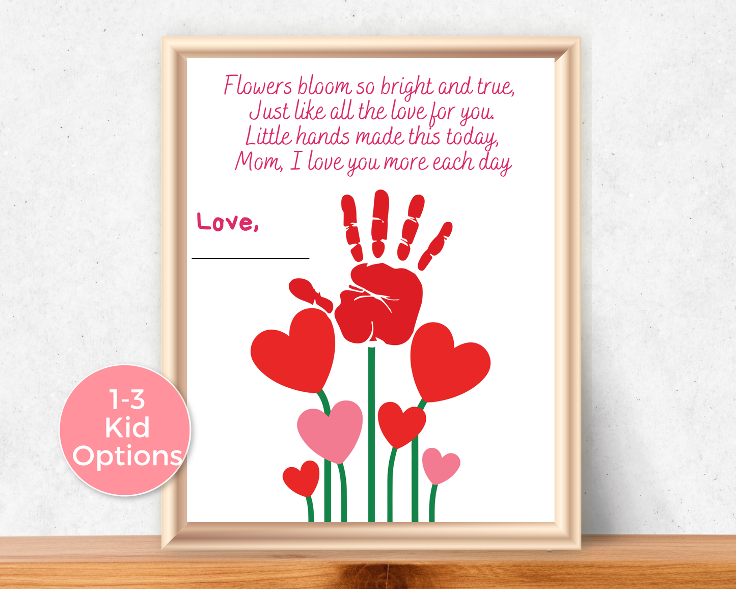 Mothers Day Heart Flowers Handprint Art for up to 3 kids