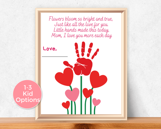 Mothers Day Heart Flowers Handprint Art for up to 3 kids