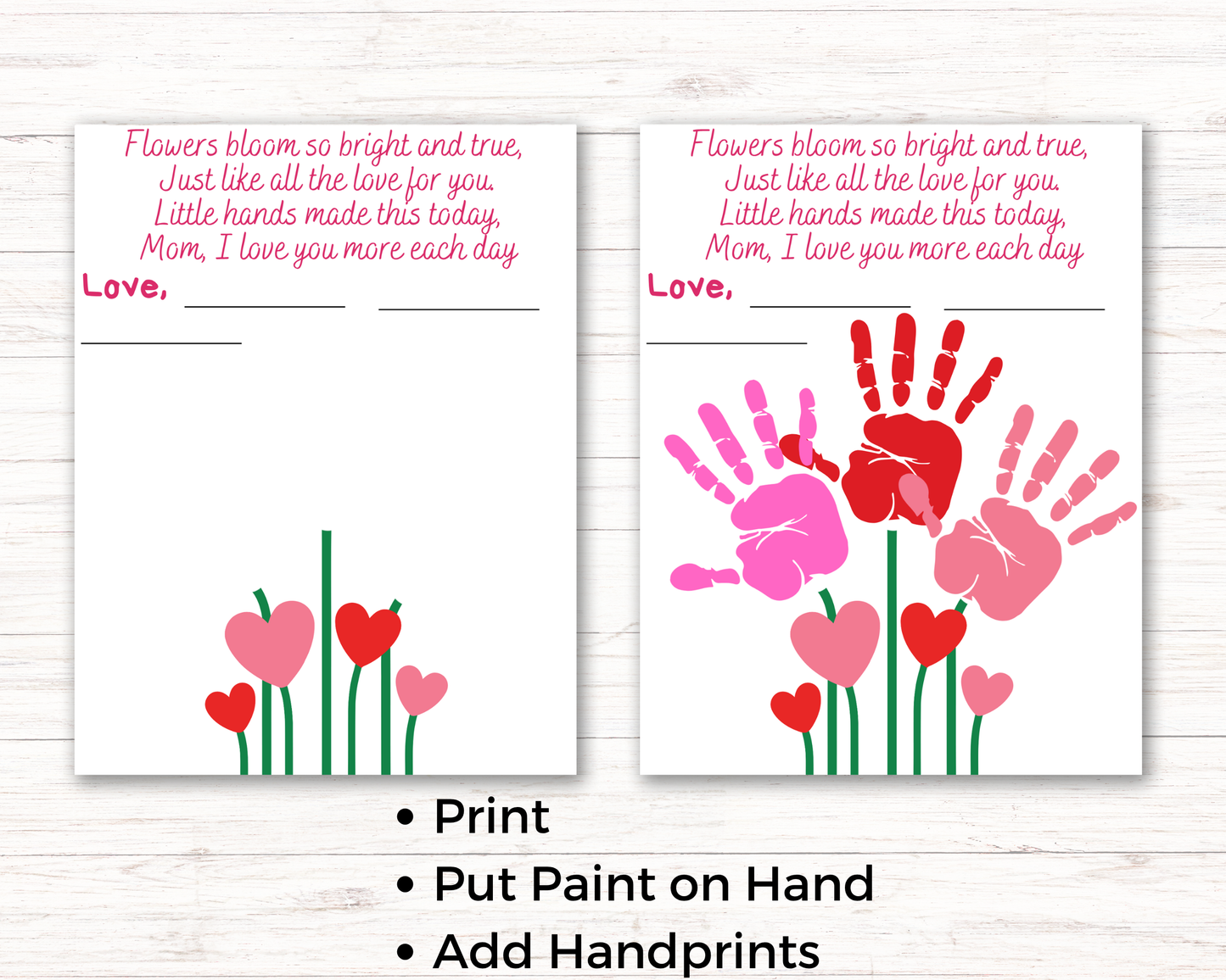 Mothers Day Heart Flowers Handprint Art for up to 3 kids