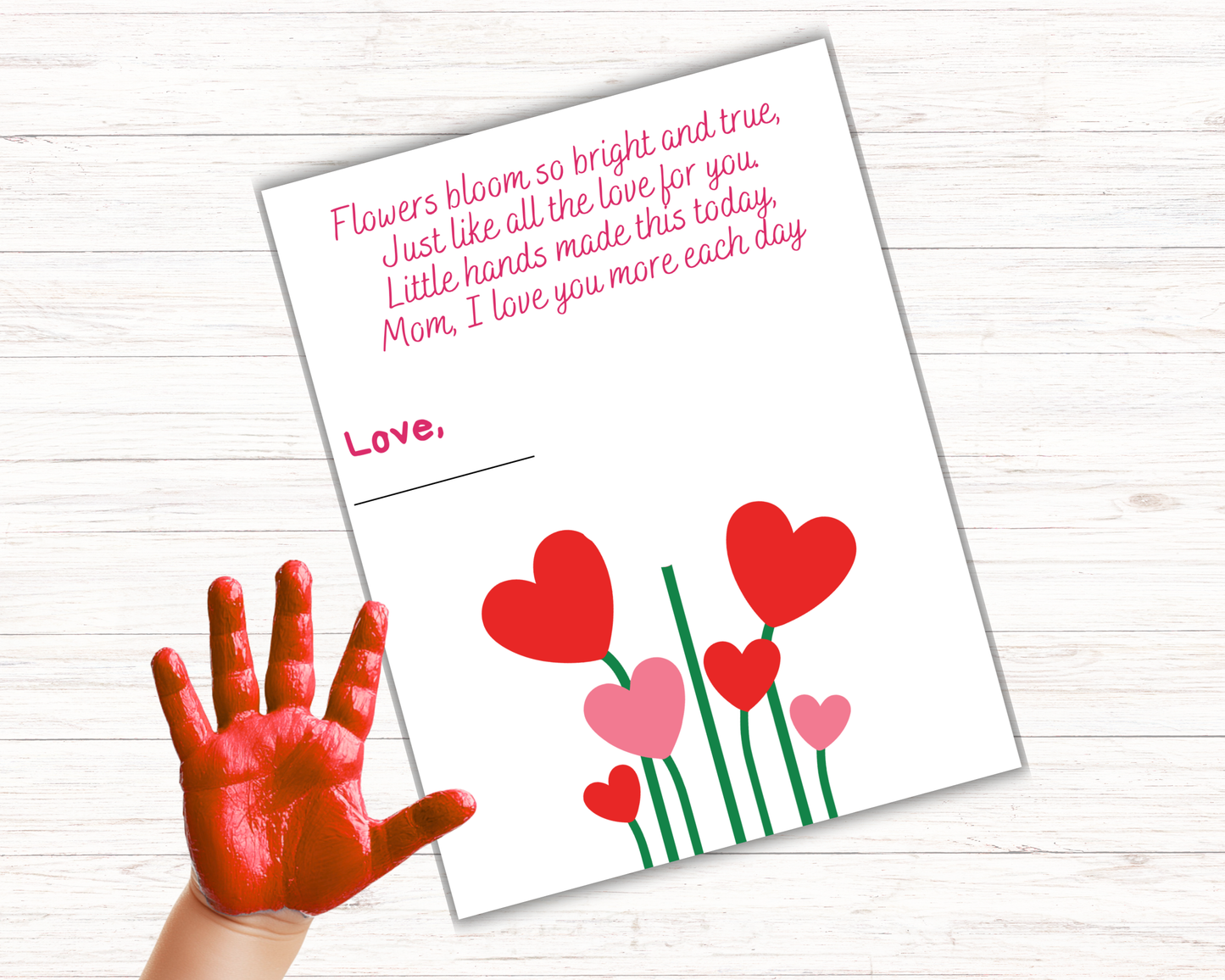 Mothers Day Heart Flowers Handprint Art for up to 3 kids