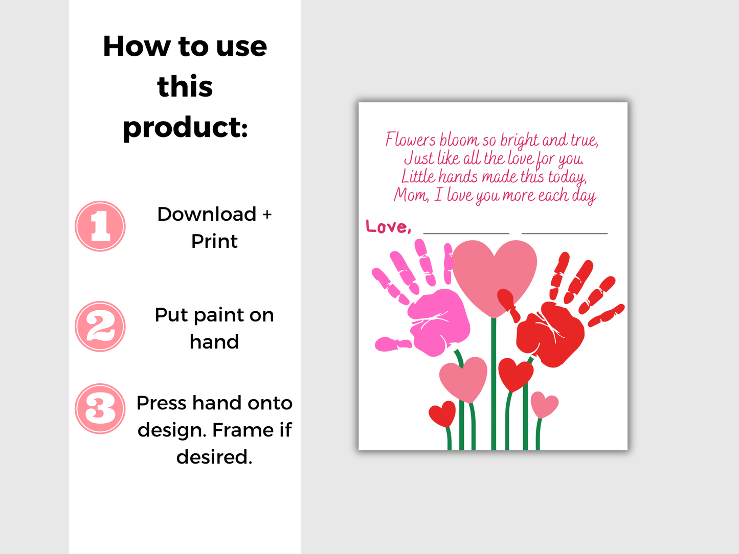 Mothers Day Heart Flowers Handprint Art for up to 3 kids