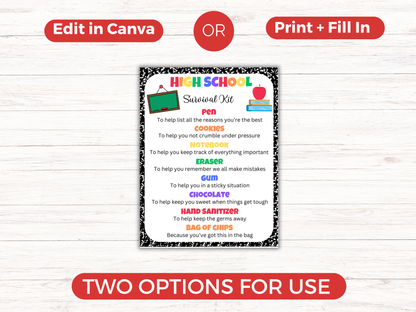 Editable High School Survival Kit Gift Tags