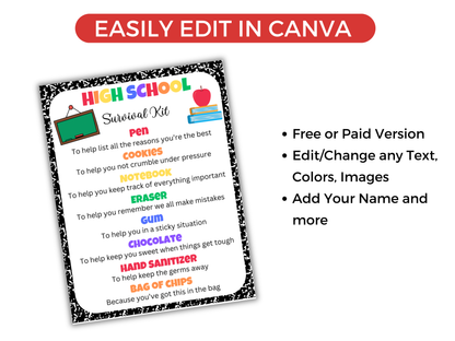 Editable High School Survival Kit Gift Tags
