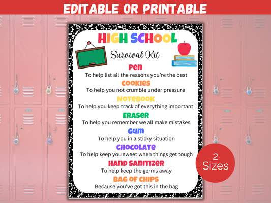 Editable High School Survival Kit Gift Tags