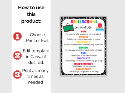 Editable High School Survival Kit Gift Tags