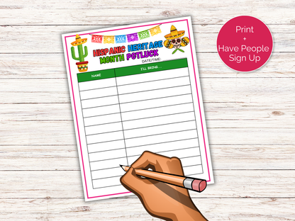 Hispanic Heritage Potluck Sign Up Sheet