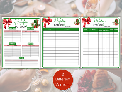 Holiday Potluck Sign Up Sheet