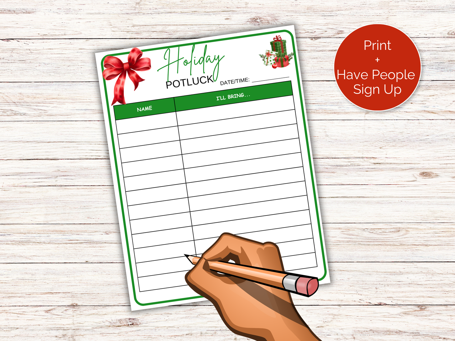 Holiday Potluck Sign Up Sheet
