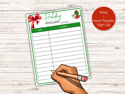 Holiday Potluck Sign Up Sheet