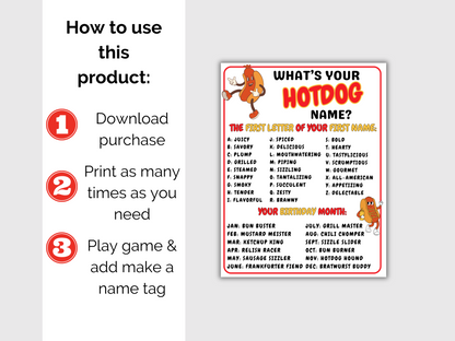 What's Your Hot Dog Name Game + Name Tags