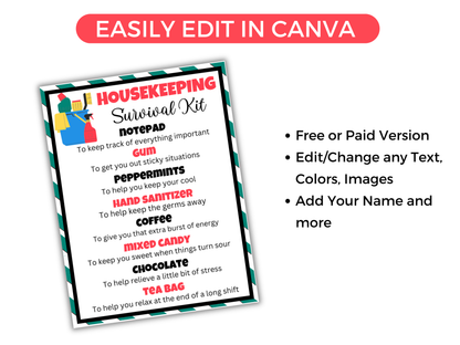 Editable Housekeeper Survival Kit Gift Tags