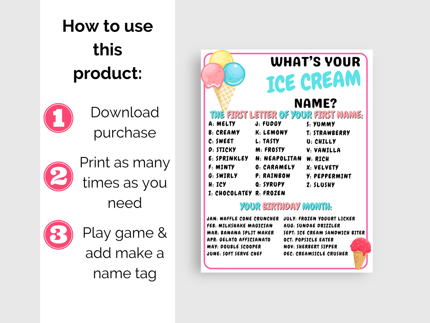 What's Your Ice Cream Name Game + Name Tags
