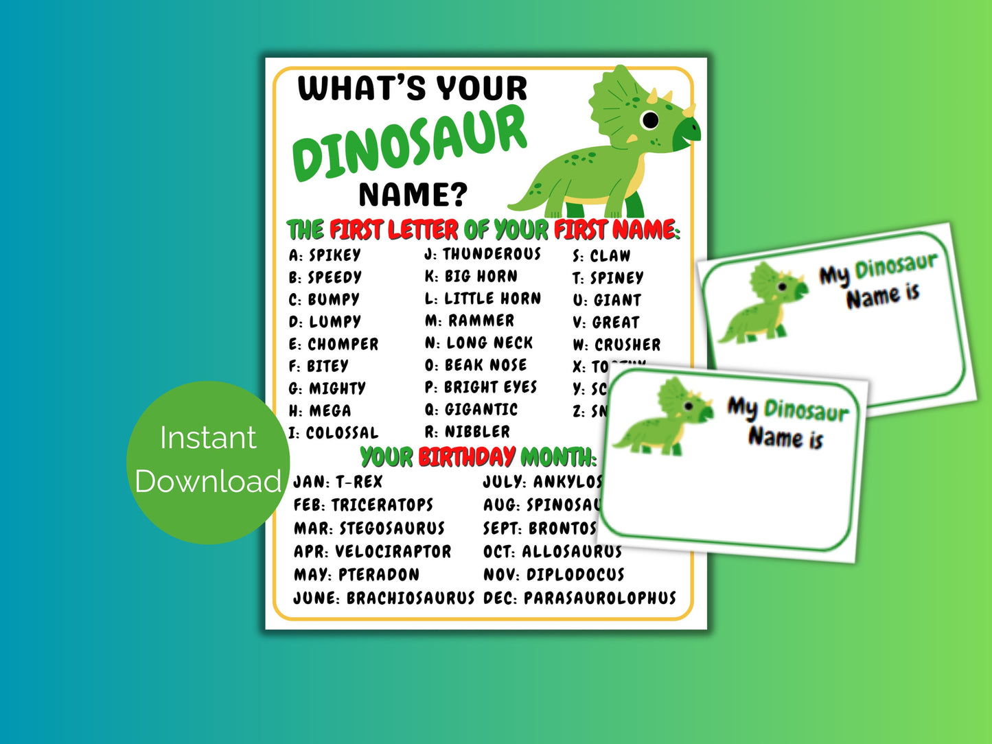 What's Your Dinosaur Name Game + Name Tags