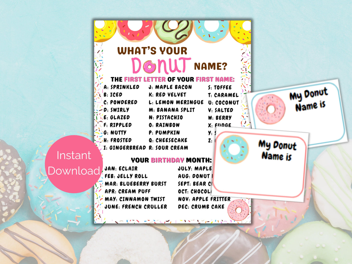 What's Your Donut Name Game + Name Tags