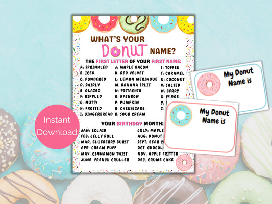 What's Your Donut Name Game + Name Tags
