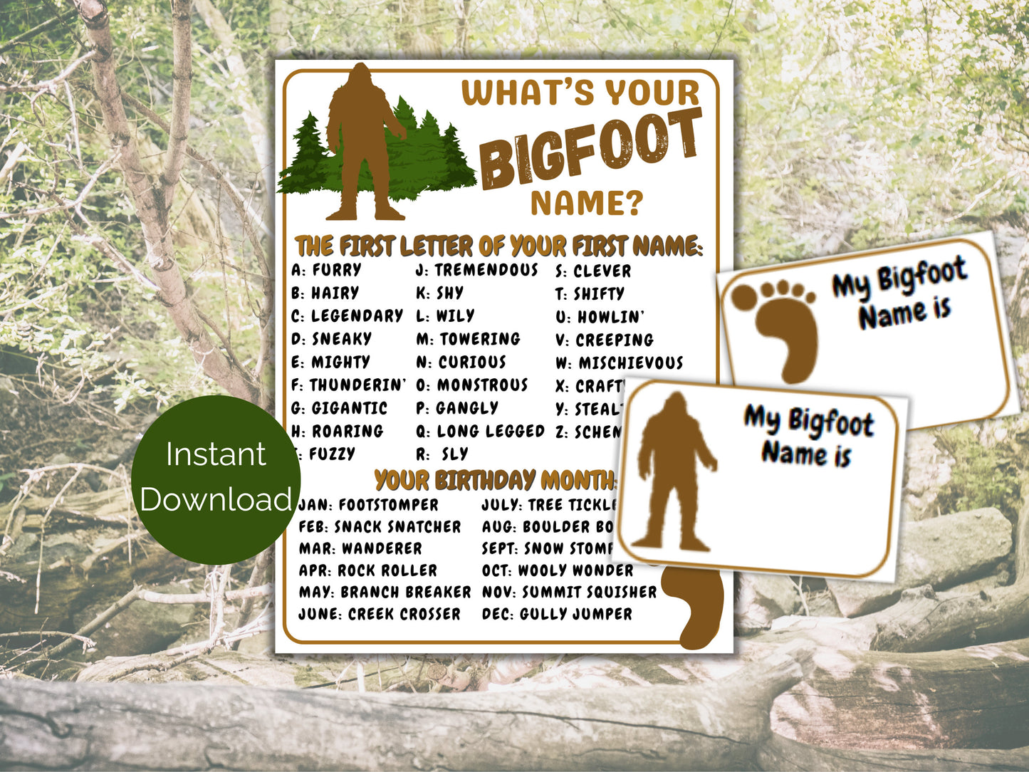 What's Your Bigfoot Name Game + Name Tags