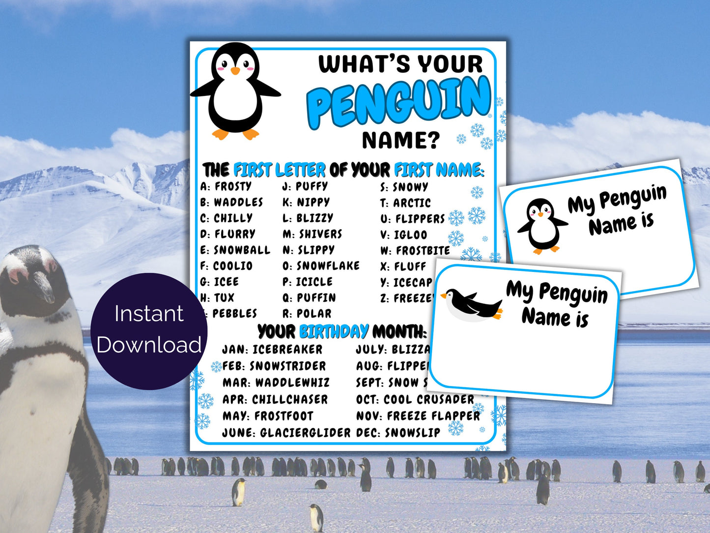 What's Your Penguin Name Game + Name Tags