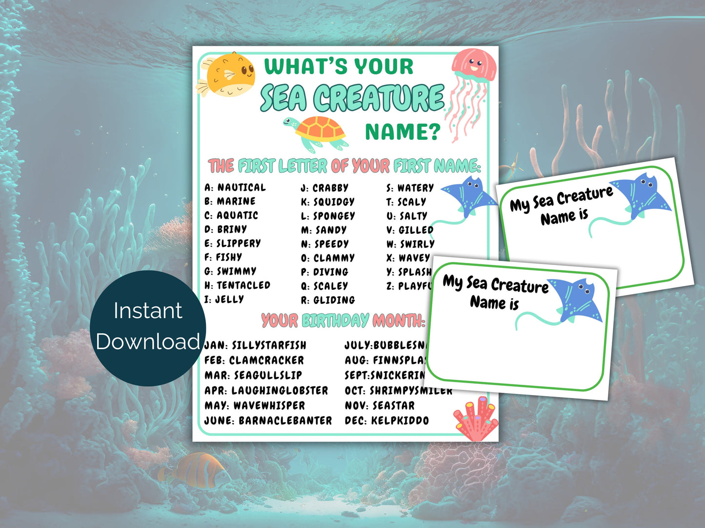 What's Your Sea Creature Name Game + Name Tags