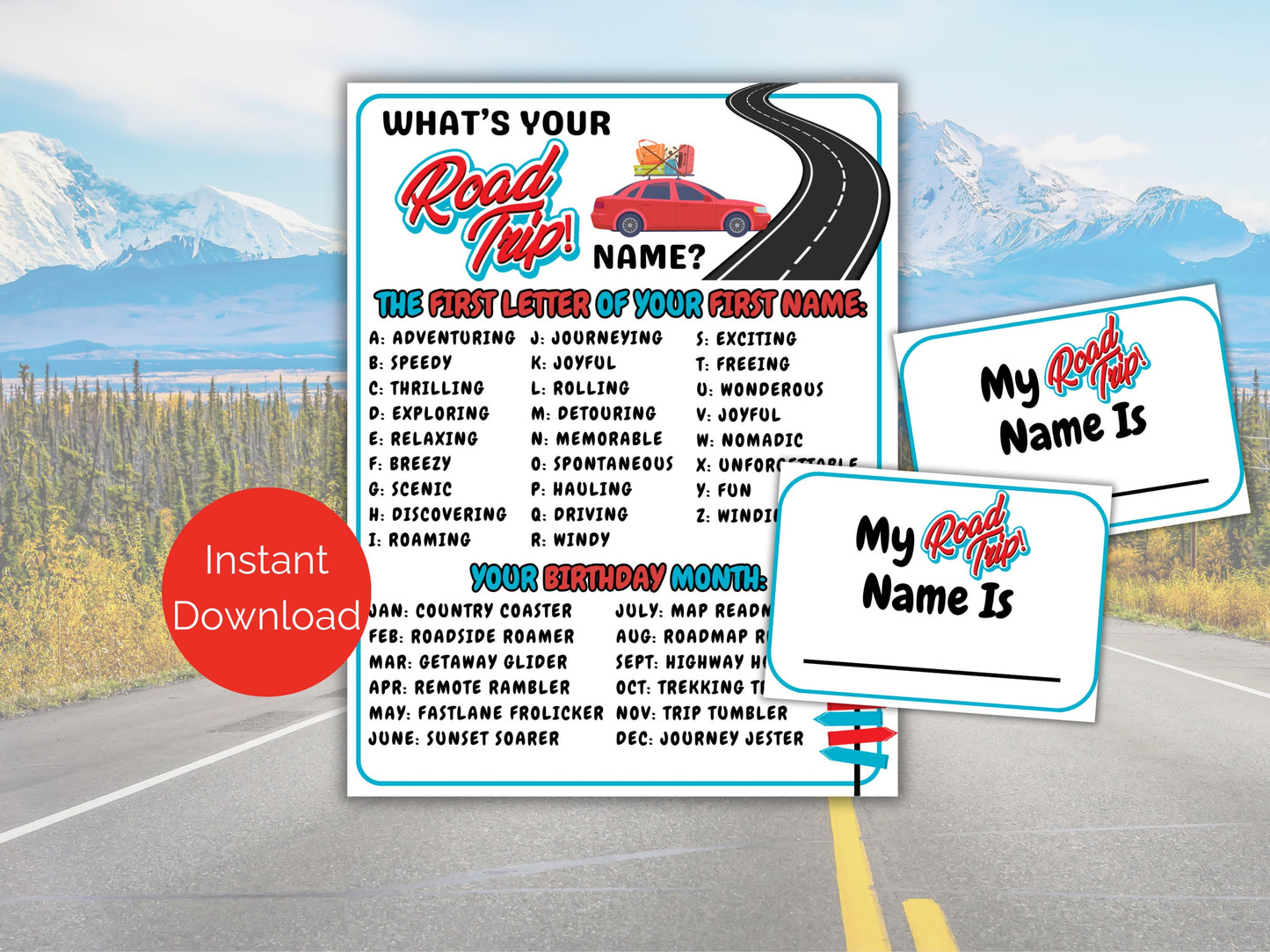 What's Your Road Trip Name Game + Name Tags