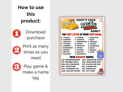 What's Your Back to School Name Game + Name Tags