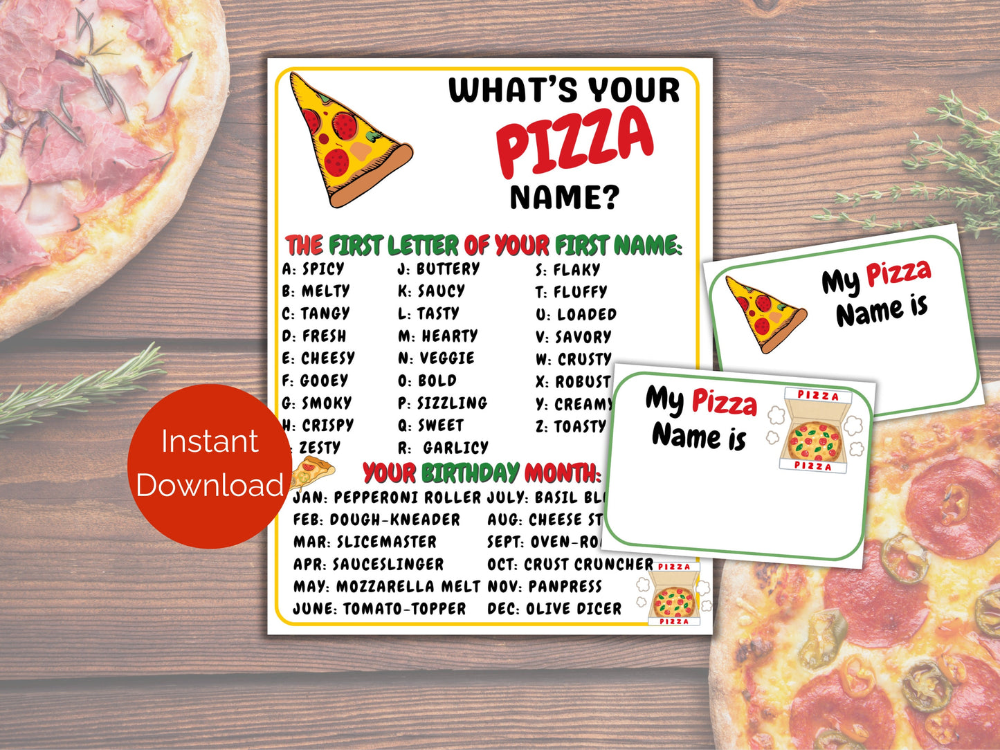 What's Your Pizza Name Game + Name Tags