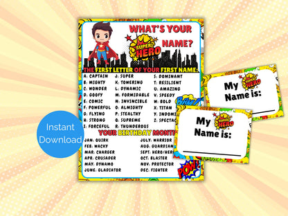 What's Your Superhero Name Game + Name Tags