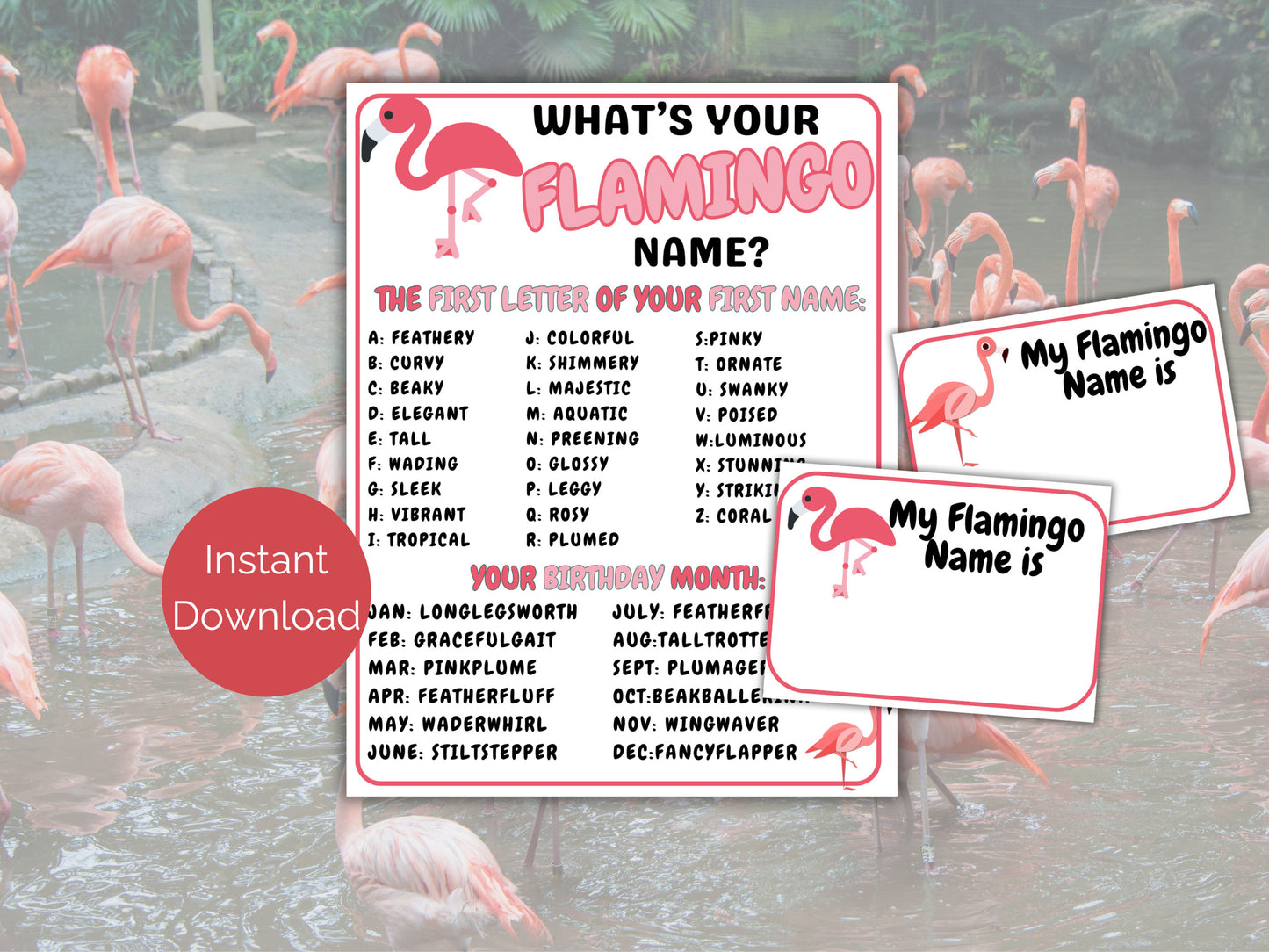 What's Your Flamingo Name Game + Name Tags