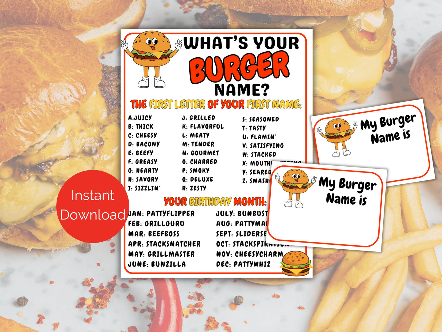 What's Your Burger Name Game + Name Tags
