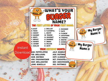 What's Your Burger Name Game + Name Tags